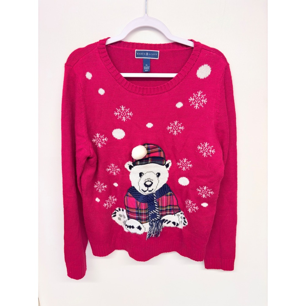 Ugly Christmas Holiday Sweater Polar Bear Plaid Karen Scott Women XL Pink